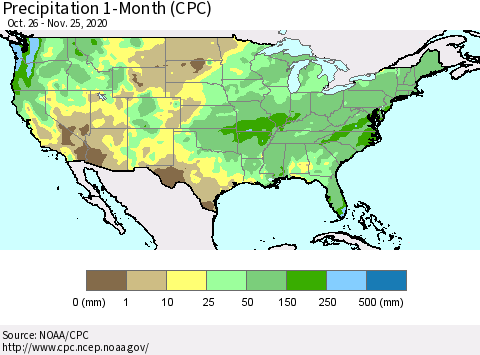 United States Precipitation 1-Month (CPC) Thematic Map For 10/26/2020 - 11/25/2020