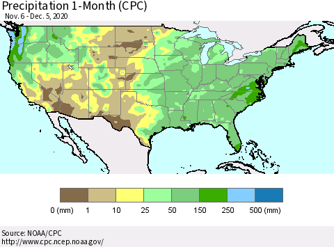 United States Precipitation 1-Month (CPC) Thematic Map For 11/6/2020 - 12/5/2020