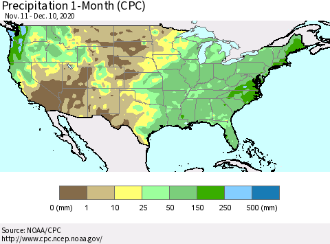 United States Precipitation 1-Month (CPC) Thematic Map For 11/11/2020 - 12/10/2020