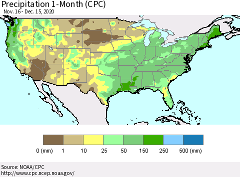 United States Precipitation 1-Month (CPC) Thematic Map For 11/16/2020 - 12/15/2020
