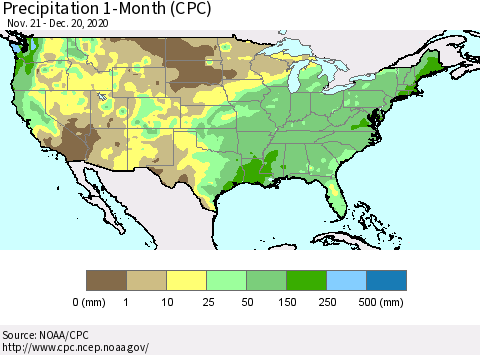 United States Precipitation 1-Month (CPC) Thematic Map For 11/21/2020 - 12/20/2020