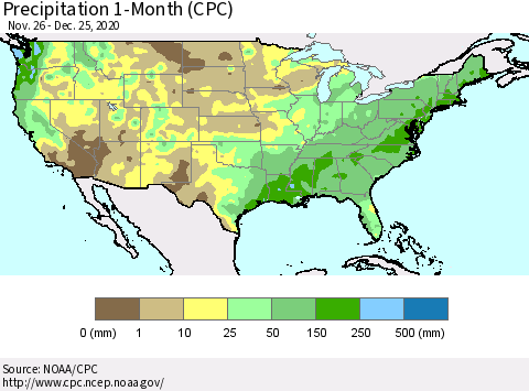 United States Precipitation 1-Month (CPC) Thematic Map For 11/26/2020 - 12/25/2020