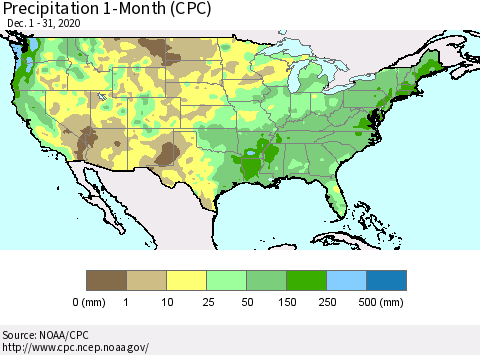 United States Precipitation 1-Month (CPC) Thematic Map For 12/1/2020 - 12/31/2020