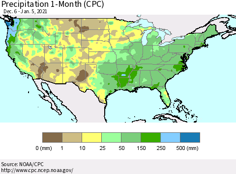 United States Precipitation 1-Month (CPC) Thematic Map For 12/6/2020 - 1/5/2021