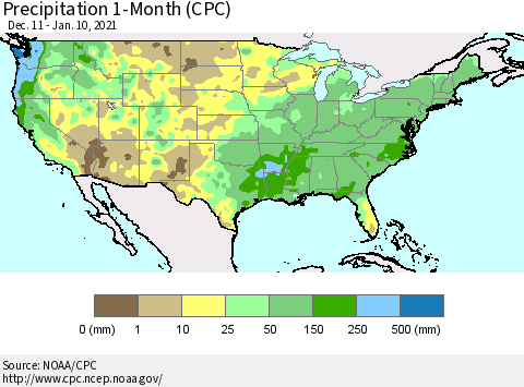 United States Precipitation 1-Month (CPC) Thematic Map For 12/11/2020 - 1/10/2021