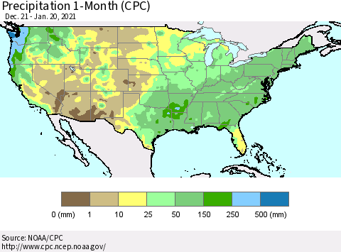 United States Precipitation 1-Month (CPC) Thematic Map For 12/21/2020 - 1/20/2021