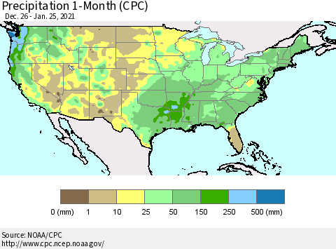 United States Precipitation 1-Month (CPC) Thematic Map For 12/26/2020 - 1/25/2021