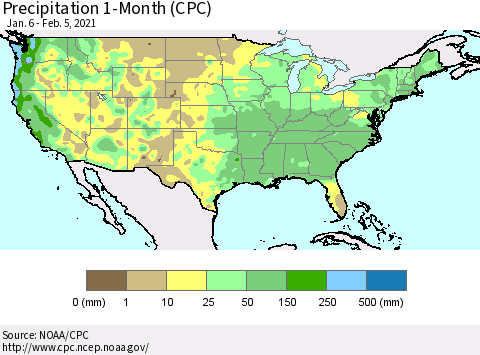 United States Precipitation 1-Month (CPC) Thematic Map For 1/6/2021 - 2/5/2021