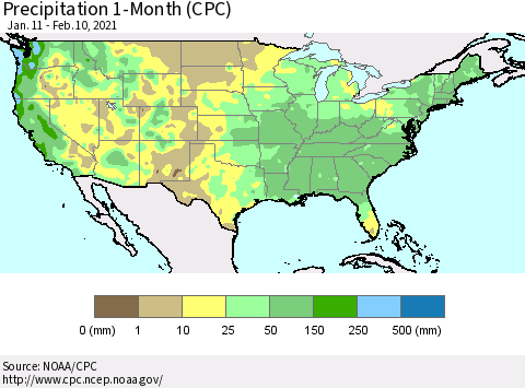 United States Precipitation 1-Month (CPC) Thematic Map For 1/11/2021 - 2/10/2021