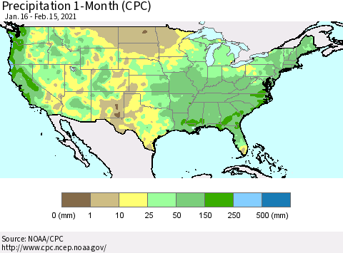 United States Precipitation 1-Month (CPC) Thematic Map For 1/16/2021 - 2/15/2021