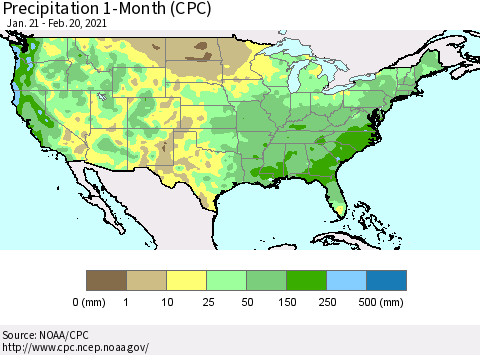 United States Precipitation 1-Month (CPC) Thematic Map For 1/21/2021 - 2/20/2021