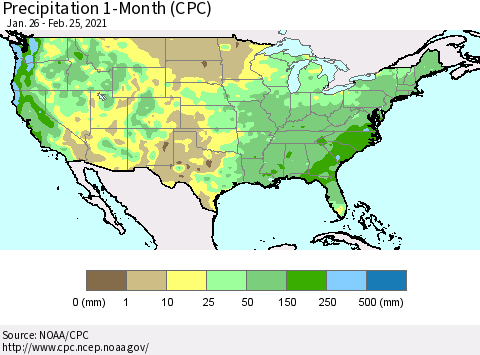 United States Precipitation 1-Month (CPC) Thematic Map For 1/26/2021 - 2/25/2021