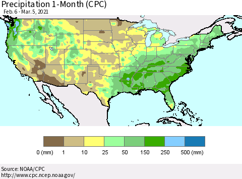United States Precipitation 1-Month (CPC) Thematic Map For 2/6/2021 - 3/5/2021