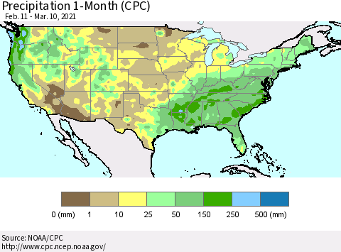 United States Precipitation 1-Month (CPC) Thematic Map For 2/11/2021 - 3/10/2021