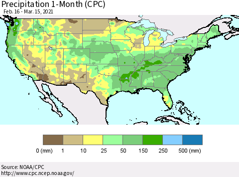United States Precipitation 1-Month (CPC) Thematic Map For 2/16/2021 - 3/15/2021