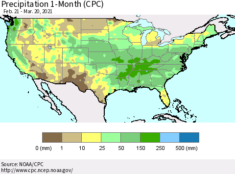 United States Precipitation 1-Month (CPC) Thematic Map For 2/21/2021 - 3/20/2021