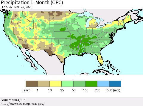 United States Precipitation 1-Month (CPC) Thematic Map For 2/26/2021 - 3/25/2021