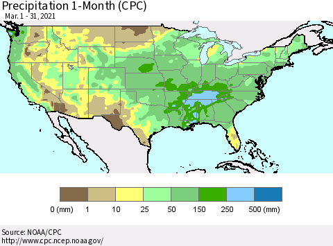 United States Precipitation 1-Month (CPC) Thematic Map For 3/1/2021 - 3/31/2021
