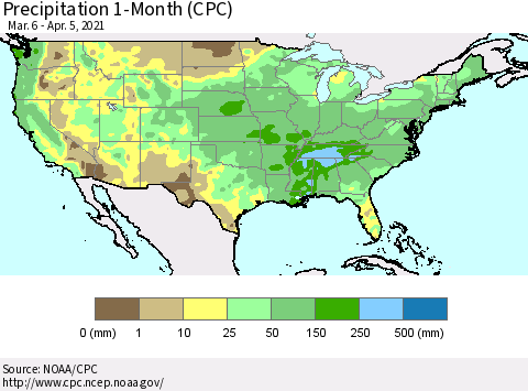 United States Precipitation 1-Month (CPC) Thematic Map For 3/6/2021 - 4/5/2021