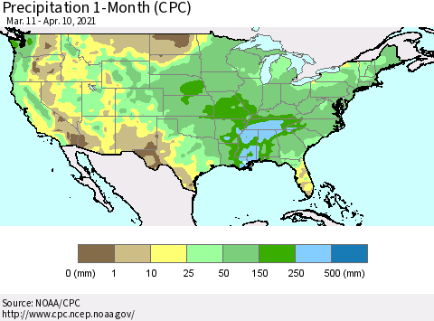 United States Precipitation 1-Month (CPC) Thematic Map For 3/11/2021 - 4/10/2021