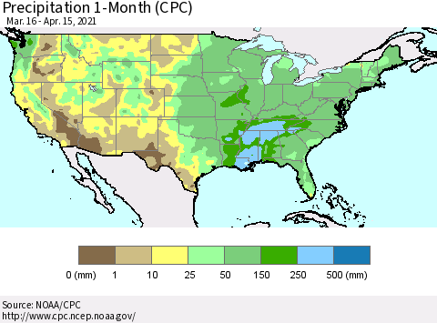 United States Precipitation 1-Month (CPC) Thematic Map For 3/16/2021 - 4/15/2021
