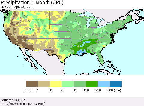 United States Precipitation 1-Month (CPC) Thematic Map For 3/21/2021 - 4/20/2021