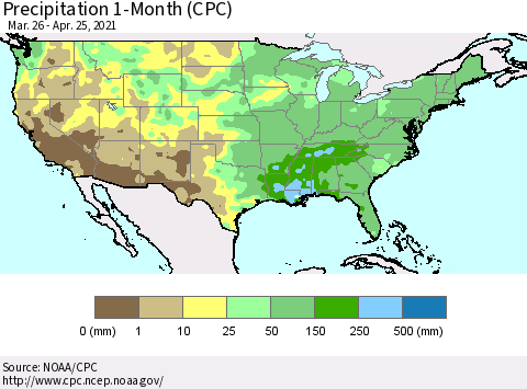 United States Precipitation 1-Month (CPC) Thematic Map For 3/26/2021 - 4/25/2021
