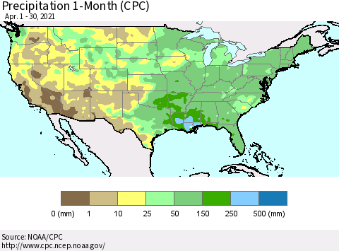 United States Precipitation 1-Month (CPC) Thematic Map For 4/1/2021 - 4/30/2021