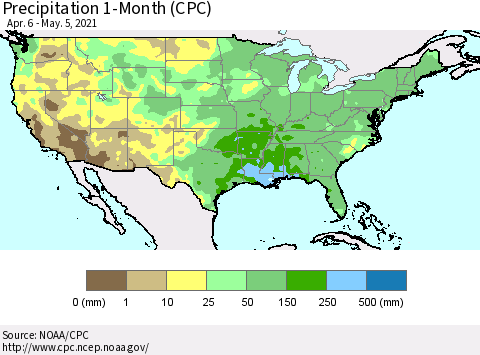 United States Precipitation 1-Month (CPC) Thematic Map For 4/6/2021 - 5/5/2021