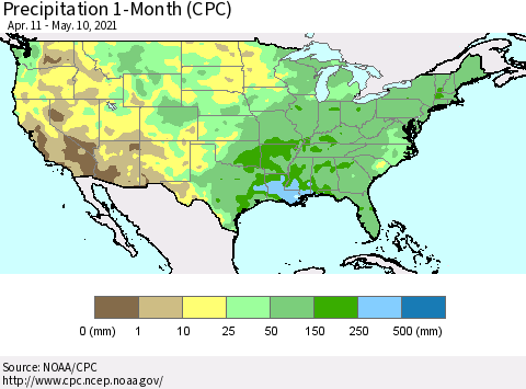 United States Precipitation 1-Month (CPC) Thematic Map For 4/11/2021 - 5/10/2021