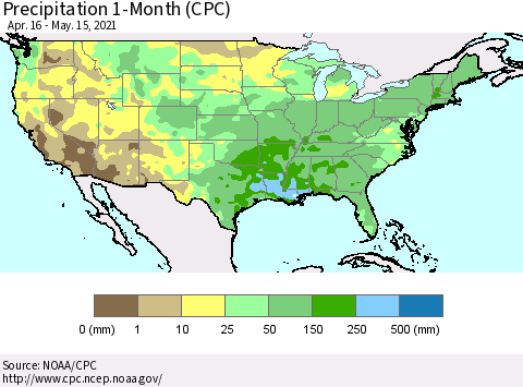 United States Precipitation 1-Month (CPC) Thematic Map For 4/16/2021 - 5/15/2021