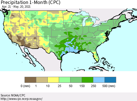 United States Precipitation 1-Month (CPC) Thematic Map For 4/21/2021 - 5/20/2021