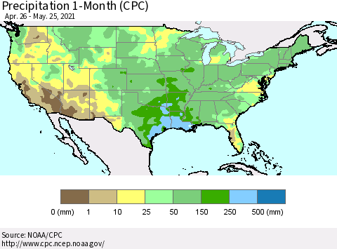 United States Precipitation 1-Month (CPC) Thematic Map For 4/26/2021 - 5/25/2021