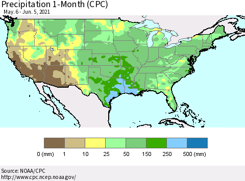 United States Precipitation 1-Month (CPC) Thematic Map For 5/6/2021 - 6/5/2021