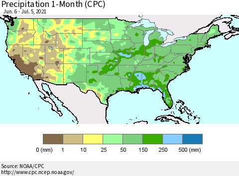United States Precipitation 1-Month (CPC) Thematic Map For 6/6/2021 - 7/5/2021