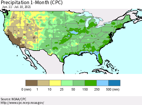 United States Precipitation 1-Month (CPC) Thematic Map For 6/11/2021 - 7/10/2021