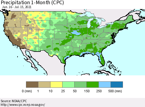 United States Precipitation 1-Month (CPC) Thematic Map For 6/16/2021 - 7/15/2021