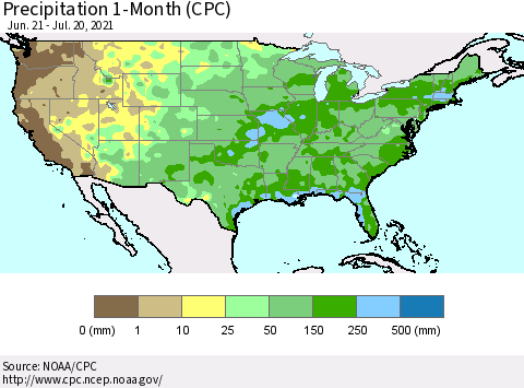 United States Precipitation 1-Month (CPC) Thematic Map For 6/21/2021 - 7/20/2021