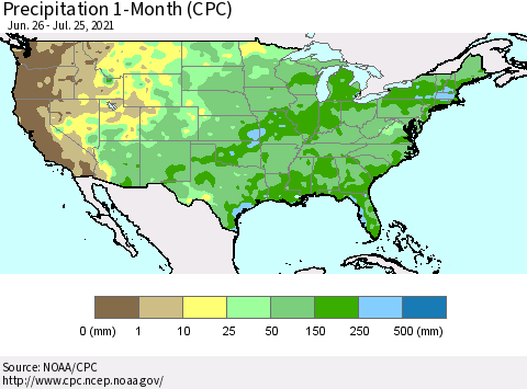 United States Precipitation 1-Month (CPC) Thematic Map For 6/26/2021 - 7/25/2021