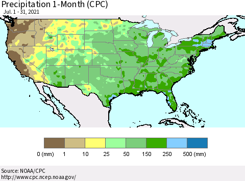 United States Precipitation 1-Month (CPC) Thematic Map For 7/1/2021 - 7/31/2021
