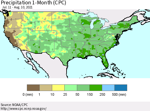 United States Precipitation 1-Month (CPC) Thematic Map For 7/11/2021 - 8/10/2021