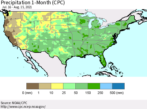 United States Precipitation 1-Month (CPC) Thematic Map For 7/16/2021 - 8/15/2021