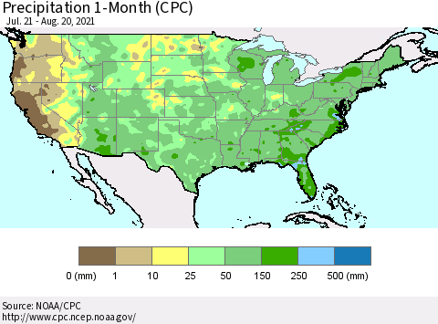 United States Precipitation 1-Month (CPC) Thematic Map For 7/21/2021 - 8/20/2021