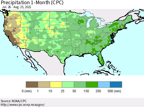 United States Precipitation 1-Month (CPC) Thematic Map For 7/26/2021 - 8/25/2021