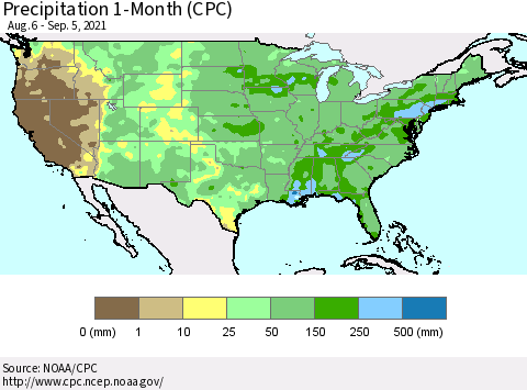 United States Precipitation 1-Month (CPC) Thematic Map For 8/6/2021 - 9/5/2021
