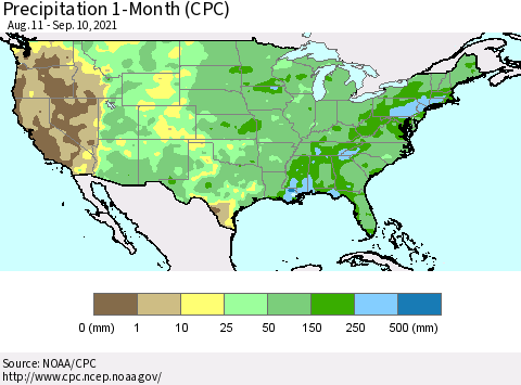 United States Precipitation 1-Month (CPC) Thematic Map For 8/11/2021 - 9/10/2021