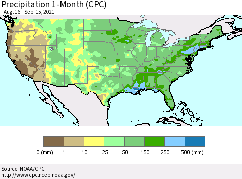 United States Precipitation 1-Month (CPC) Thematic Map For 8/16/2021 - 9/15/2021