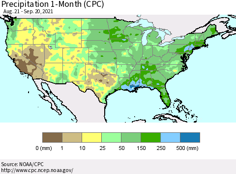 United States Precipitation 1-Month (CPC) Thematic Map For 8/21/2021 - 9/20/2021