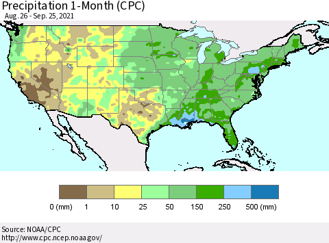 United States Precipitation 1-Month (CPC) Thematic Map For 8/26/2021 - 9/25/2021