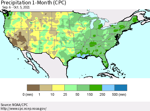 United States Precipitation 1-Month (CPC) Thematic Map For 9/6/2021 - 10/5/2021
